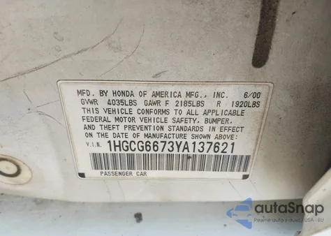 2000 Honda Accord 2.3 Ex z USA, uszkodzony, nr VIN 1HGCG6673YA137621